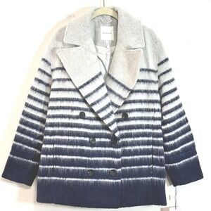 Avec Les Filles Womens Double Breasted Navy Striped Wool Pea Coat Size Small